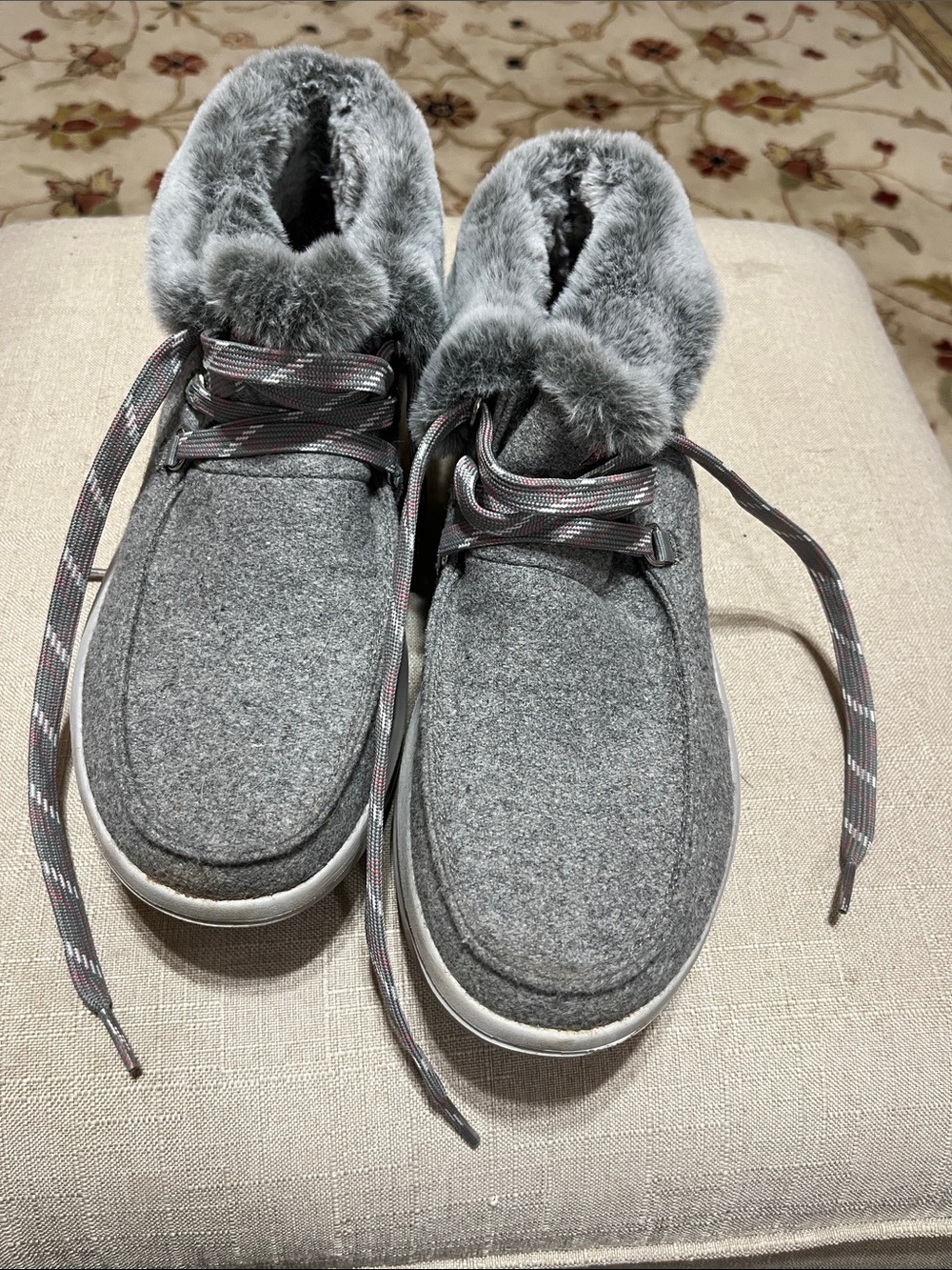 BOBS from Skechers Gray Faux-Fur Lined Lace-Up Slippers